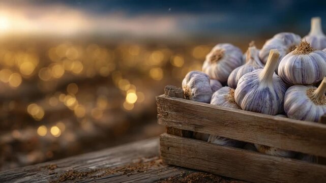 A rustic farm scene featuring garlic bulbs spilling from a crate on a weathered wooden table, set against a blurred agricultural field in warm, cinematic tones.