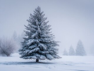 Fototapeta premium Majestic Tree Covered in Snow Amidst a Tranquil Winter Landscape with a Soft, Serene Atmosphere