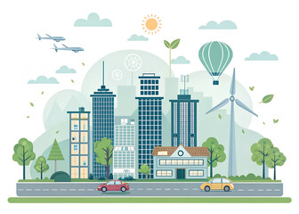 Obraz premium Futuristic Eco City Smart Buildings Flying Cars Vector Illustration
