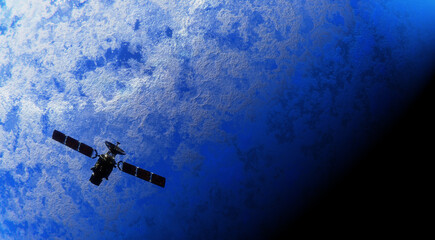 Satellite in Space passing planet, 3D animation