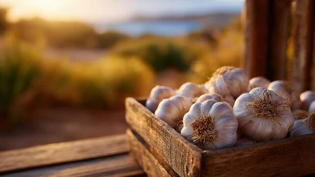 Artistic close-up of garlic bulbs in a rustic crate on a wooden table, set against a blurred field with warm morning light for a natural farm ambiance.