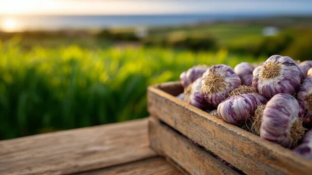 Rustic farm-fresh garlic in a crate with detailed textures, set against a wooden table and green field under soft cinematic sunlight.