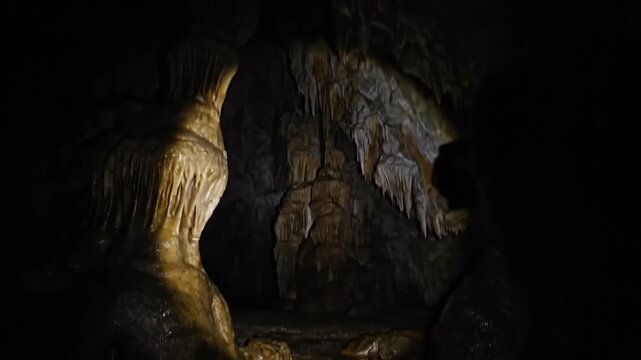 Exploring a Dark Underground Cave with Rock Formations.