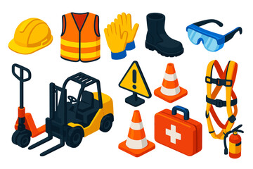 Cargo Safety Equipment. Isometric vector illustration set Cargo Handling Safety: hard hat, reflective vest, gloves, safety boots,