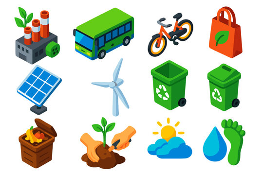Eco-Friendly Initiatives. Isometric vector illustration set Anti-Pollution Campaign: factory with green filter, electric bus,
