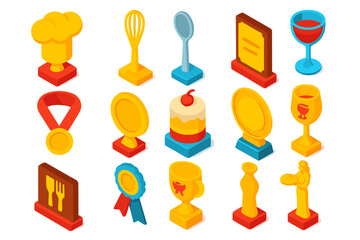Culinary Trophy Icons. Isometric vector illustration set Culinary awards: chef hat trophy, golden whisk award, silver spoon award,