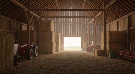 Interior of a rustic wooden barn filled with hay bales. Sunlight streams through the open doorway
