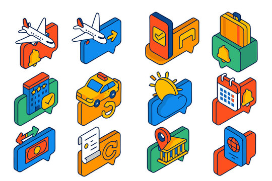 Travel App Notifications. Isometric vector illustration set Travel app notifications: flight boarding alert, gate change notice,