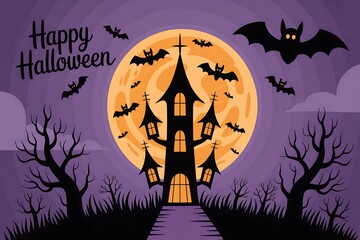 Spooky haunted house silhouetted against a giant full moon with bats flying around for halloween night