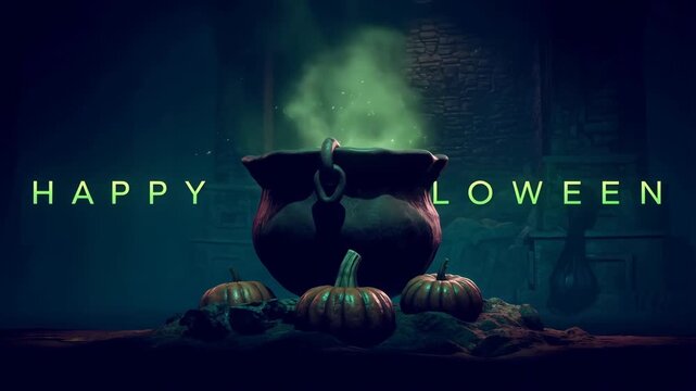 Spooky Halloween cauldron with pumpkins and glowing mist