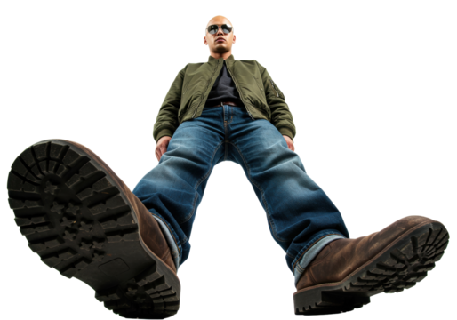 Bald man in bomber jacket and jeans isolated, looking down from a low angle, with large boots, fashion and style concept
