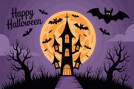 Spooky haunted house silhouetted against a giant full moon with bats flying around for halloween night