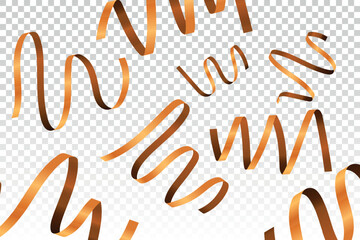 Holiday gold serpentine ribbons isolated on transparent vector background. Festive frame with confetti, glitter tinsel, shiny streamer. Pattern for birthday, party, over design.