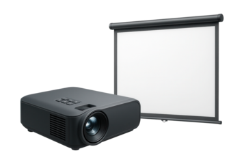 Digital projector and screen set for presentations and workshops in a shared workspace.