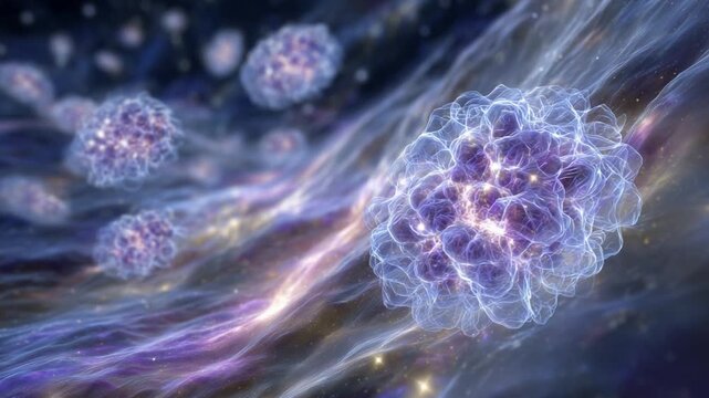 Experience a mesmerizing microscopic world with glowing bacteria, glasslike textures, and swirling bio-plasma clouds in iridescent hues.