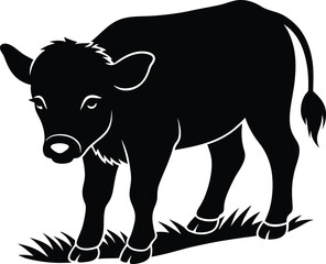 Cute black and white cow and bull vector illustration, isolated farm cattle silhouette drawing
