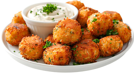 AI Image Captivating platter of golden-brown fritters with creamy dipping sauce presentation