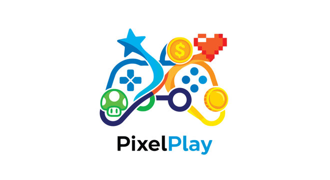 Pixel play logo with game elements vector design - Powered by Adobe