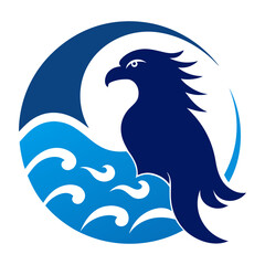 Eagle bird silhouette next to waves vector art illustration