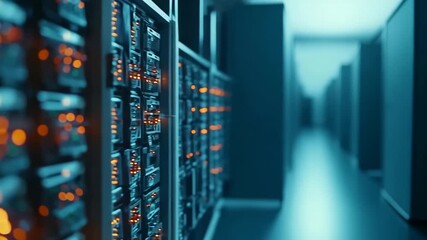 Close-up of a data center with servers processing AI algorithms, capturing the scale and power behind artificial intelligence systems - Powered by Adobe