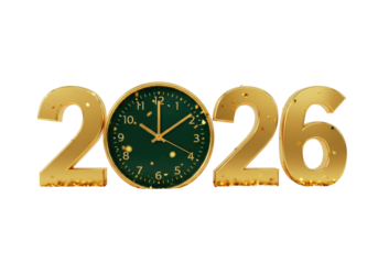 Golden 2026 New Year isolated on transparent background, festive clock showing the time for New Year s celebration PNG