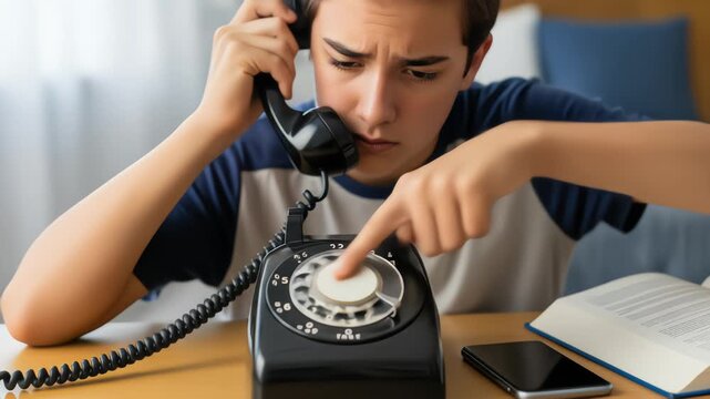 A confused teenager struggles to figure out how to dial a vintage rotary phone, highlighting the technological generation gap