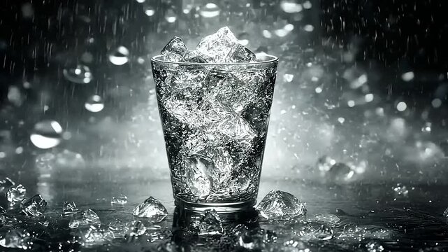 Refreshing still life: Water pouring onto a glass filled with ice cubes on a dark background