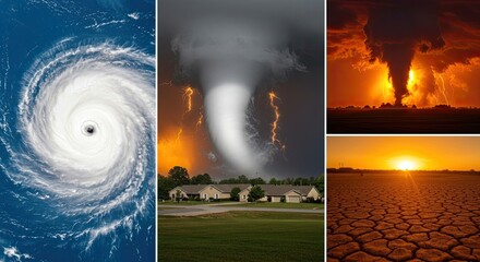 Witness the raw power of nature from a swirling hurricane and dramatic tornado to a fiery sunset over parched earth, showcasing extreme weather events.