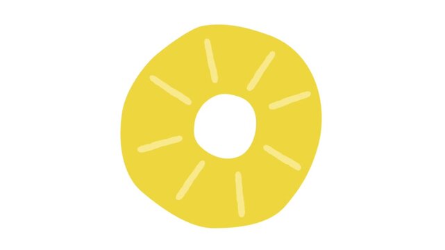 Animated yellow pineapple ring slice on white background symbolizing tropical fruit and summer
