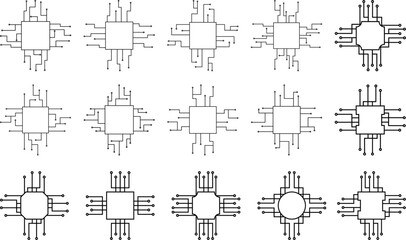 Microchip and circuit board vector set with modern technology processor designs and electronic connection patterns, perfect for digital backgrounds, tech graphics, and futuristic illustrations.