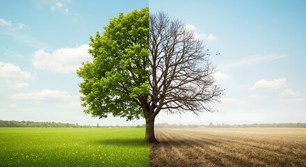 Obraz premium The dichotomy of nature: a green, living tree and vibrant field against its dry, dead counterpart, symbolizing climate challenges