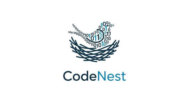 Code nest logo design with bird and binary code for software company vector design