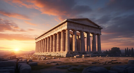Obraz premium Ancient greek temple ruins with columns at sunset under a colorful sky in a scenic landscape view ai generated