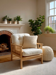 Cozy and inviting living room interior styled with comfortable chair and lush greenery conveys sense of tranquility