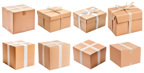 Shipping Package Assortment: An array of neatly wrapped cardboard boxes, meticulously arranged. These packages are secured with ribbons, illustrating themes of delivery, presents, and conveyance.