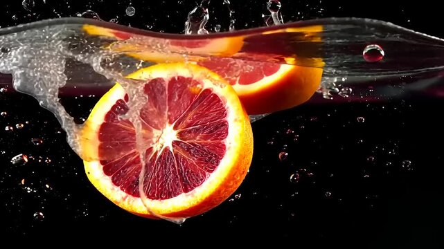 Vibrant Blood Orange Slices Submerged in Water Creating Dynamic Splash Effects