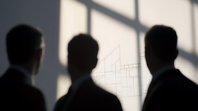 Architects reviewing building design. Silhouetted figures examine blueprint illuminated by sunlight. Focus on collaboration and planning.