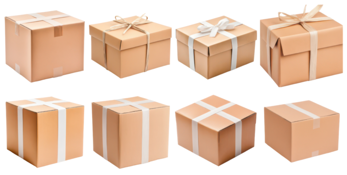 Shipping Package Assortment: An array of neatly wrapped cardboard boxes, meticulously arranged. These packages are secured with ribbons, illustrating themes of delivery, presents, and conveyance.