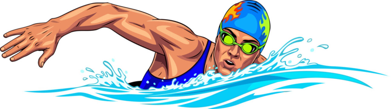 dynamic female swimmer conquers waves with determined energy and focus, isolated on transparent background