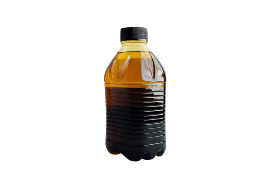 AI Image: An enigmatic translucent bottle filled with layered liquid in deep amber and ebony hues