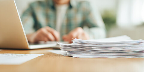 A person is working on a laptop with paperwork scattered on a desk, showcasing a busy and productive work environment.
