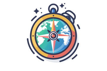 AI Image showcasing a stylized compass integrating a world map on a black background. The compass
