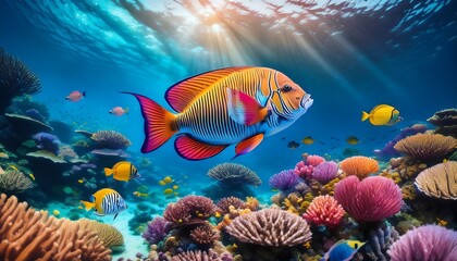 Obraz premium colorful tropical fish swimming among vibrant coral reefs symbolizing biodiversity and marine conservation in exotic underwater worlds