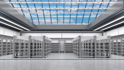 Large commercial space with empty gondola display racks and clear roof overlooking the blue cloudy sky. 3d illustration