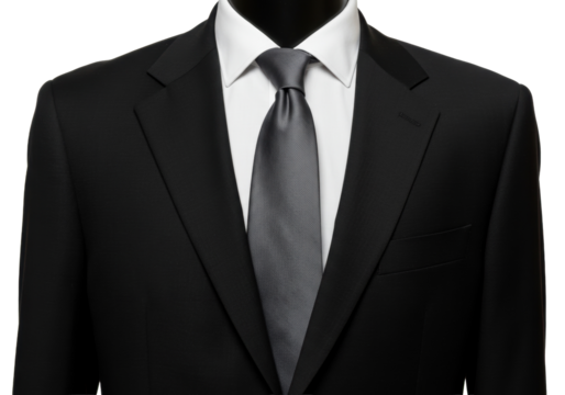 Elegant black suit with gray tie isolated, formal attire for business or special occasions PNG