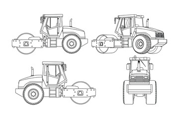 Naklejka premium Road roller construction machine views set, Multiple angle views