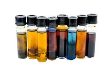 AI Image Captivating display of laboratory vials filled with colorful liquid on a stark black