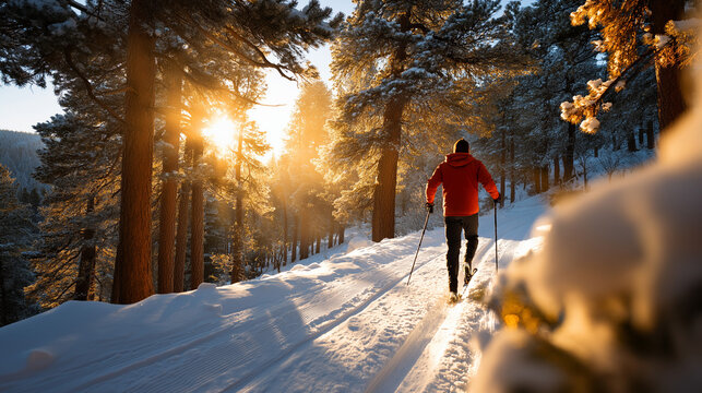 A solo cross country skier glides through a pristine pine forest at golden hour wearing a bright red jacket leaving fresh tracks in deep powder snow while sunlight streams through - Powered by Adobe