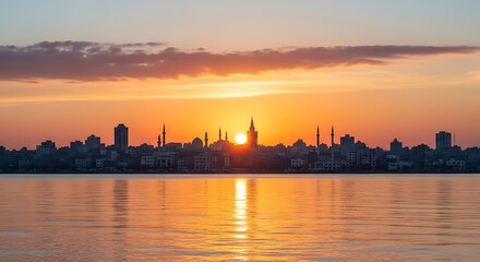 Naklejka premium Orange Sunset Over a Cityscape Reflected on Water Creates a Calming and Beautiful Scene with Hints of Ancient Architecture