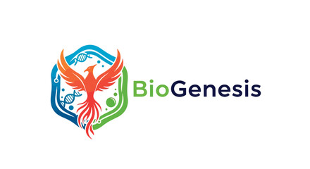 Obraz premium Biogenesis logo design with phoenix bird and dna helix vector design